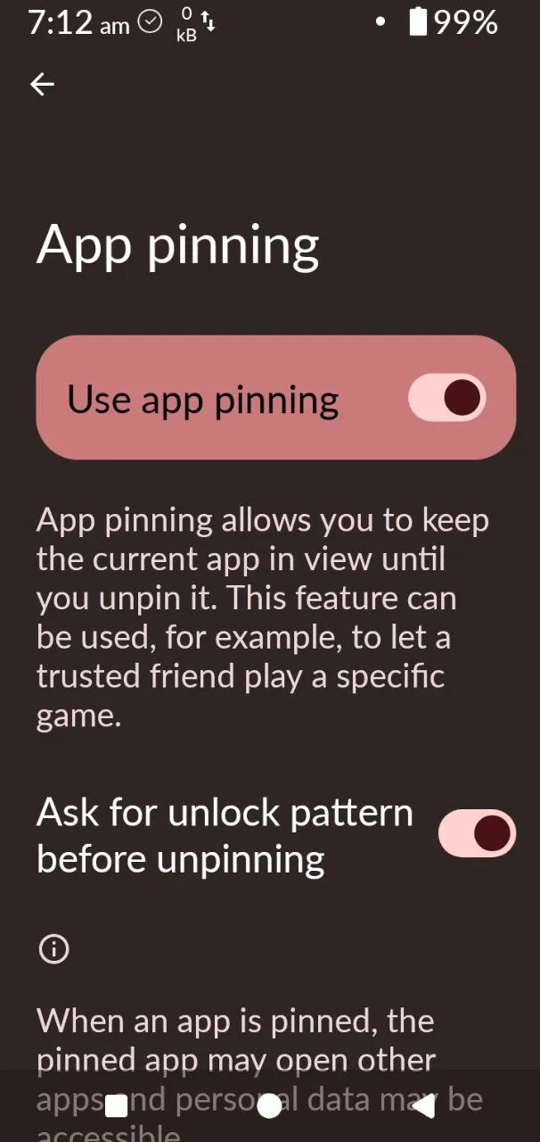 App Pinning সেটিংস ও এতে থাকা অপশনগুলো