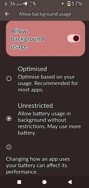 Set Unrestricted in allow background usage setting for Caffeine
