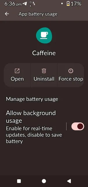 App battery usage setting for Caffeine