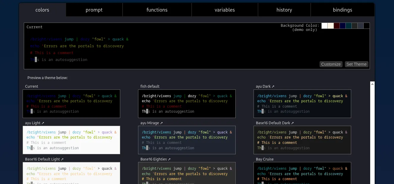 Screenshot of fish shell's web-based configuration panel